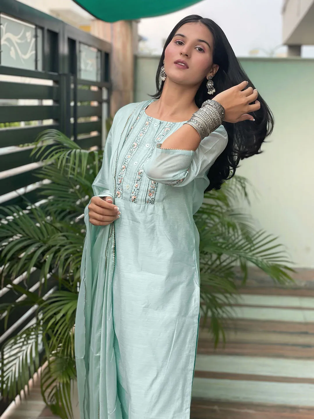 Aqua Chanderi Silk Solid Kurta with Pant and Dupatta