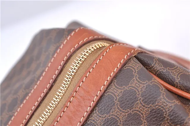Auth CELINE Macadam Blason Pattern Travel Boston Bag PVC Leather Brown 7740C