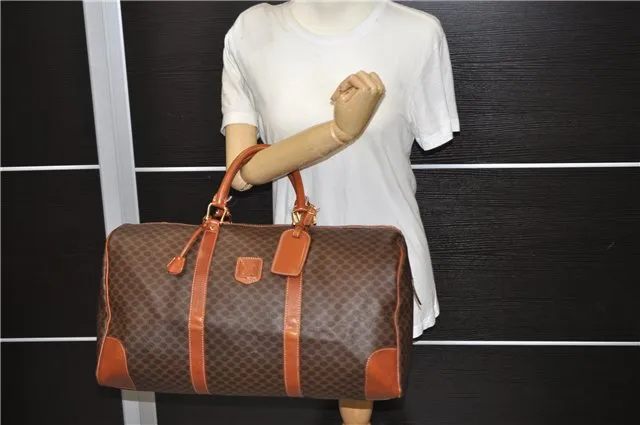Auth CELINE Macadam Blason Pattern Travel Boston Bag PVC Leather Brown 7740C