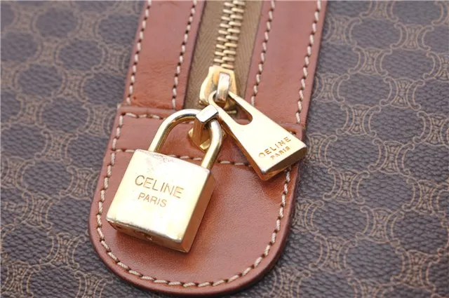 Auth CELINE Macadam Blason Pattern Travel Boston Bag PVC Leather Brown 7740C