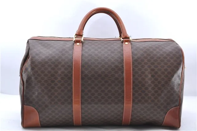 Auth CELINE Macadam Blason Pattern Travel Boston Bag PVC Leather Brown 7740C