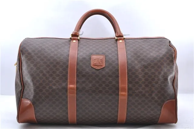 Auth CELINE Macadam Blason Pattern Travel Boston Bag PVC Leather Brown 7740C