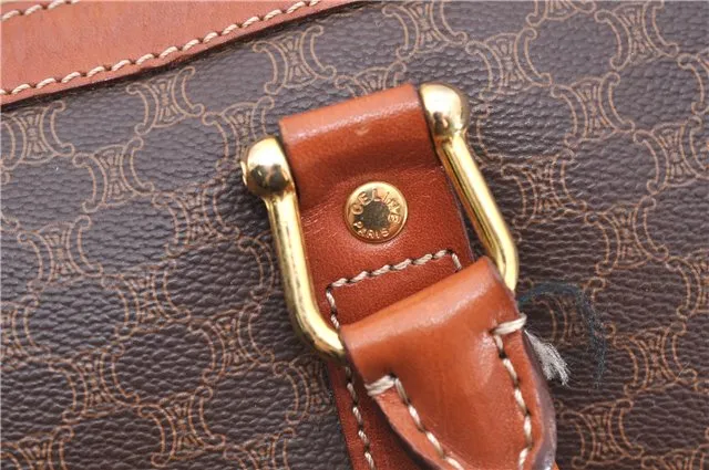 Auth CELINE Macadam Blason Pattern Travel Boston Bag PVC Leather Brown 7740C