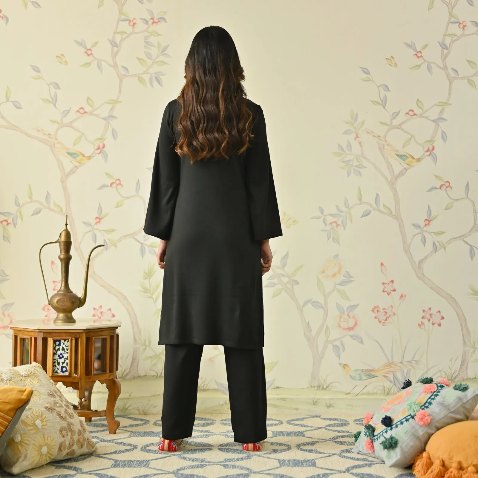 Black Woollen Aari Embroidered Floral Kurta with Flared Sleeves
