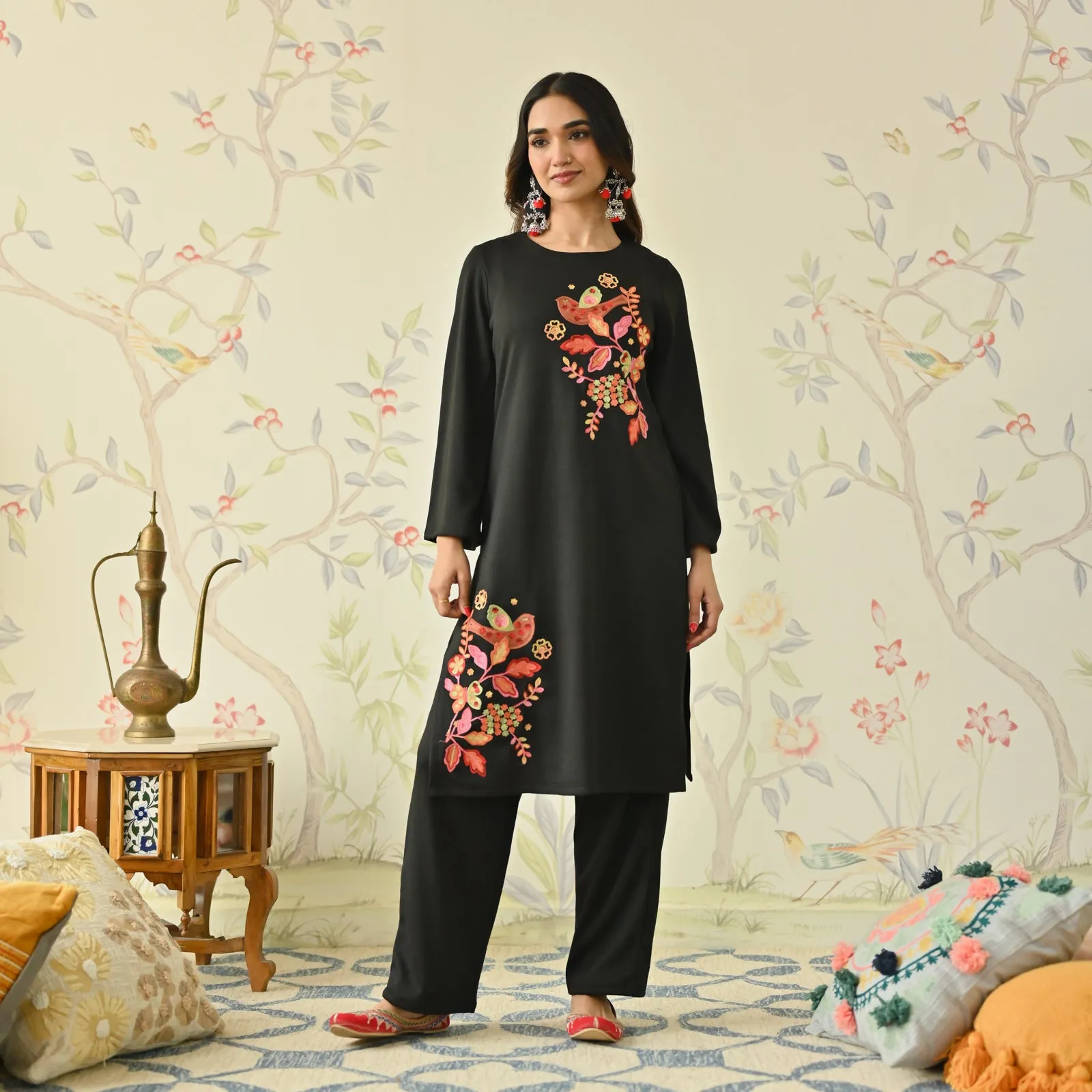 Black Woollen Aari Embroidered Floral Kurta with Flared Sleeves