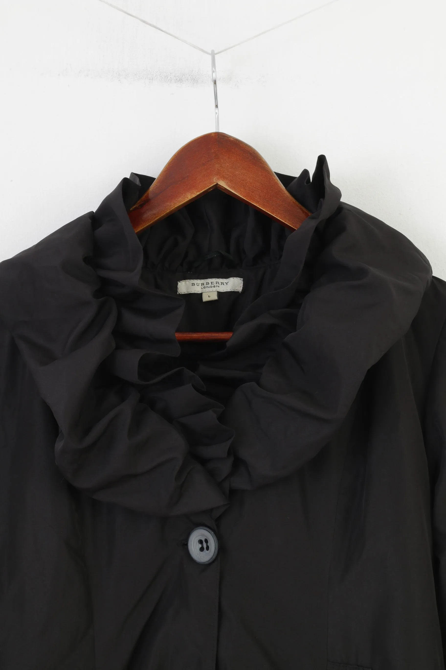 Burberry London Woman L Jacket Black Ruffles Bottoms Padded Pockets Top