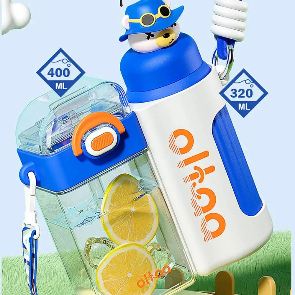 Double Tumbler Blue bear detachable set water bottle, 400 ml & 320ML for Kids and Adults