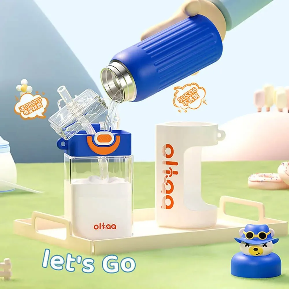 Double Tumbler Blue bear detachable set water bottle, 400 ml & 320ML for Kids and Adults