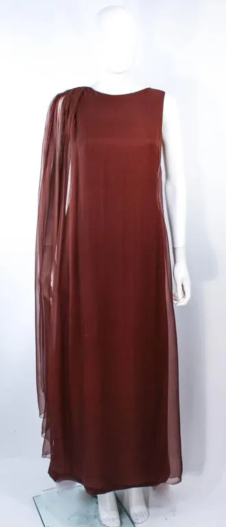 JAMES GALANOS 1970s Brown Silk Chiffon Draped Gown Size 4-6
