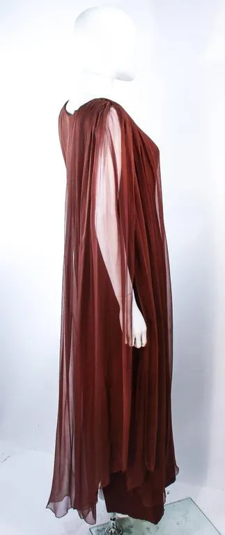 JAMES GALANOS 1970s Brown Silk Chiffon Draped Gown Size 4-6