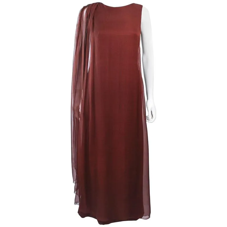 JAMES GALANOS 1970s Brown Silk Chiffon Draped Gown Size 4-6