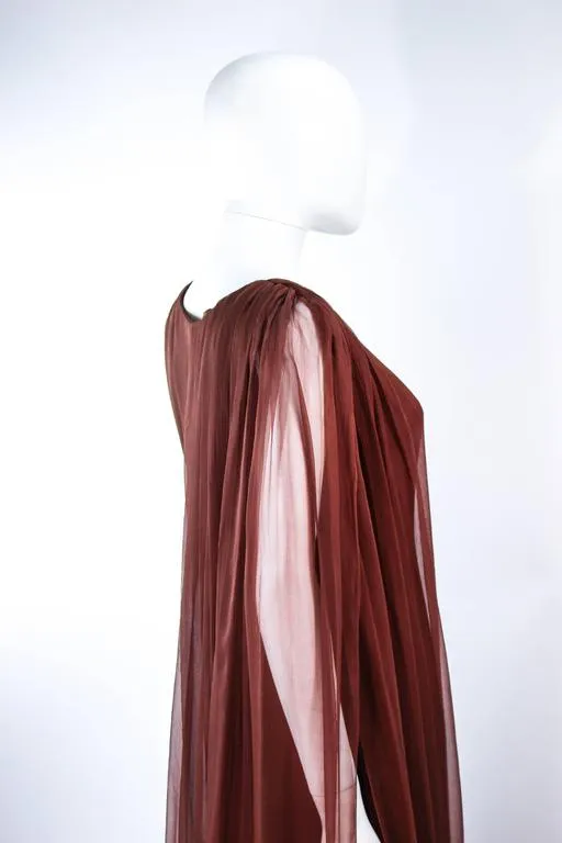 JAMES GALANOS 1970s Brown Silk Chiffon Draped Gown Size 4-6