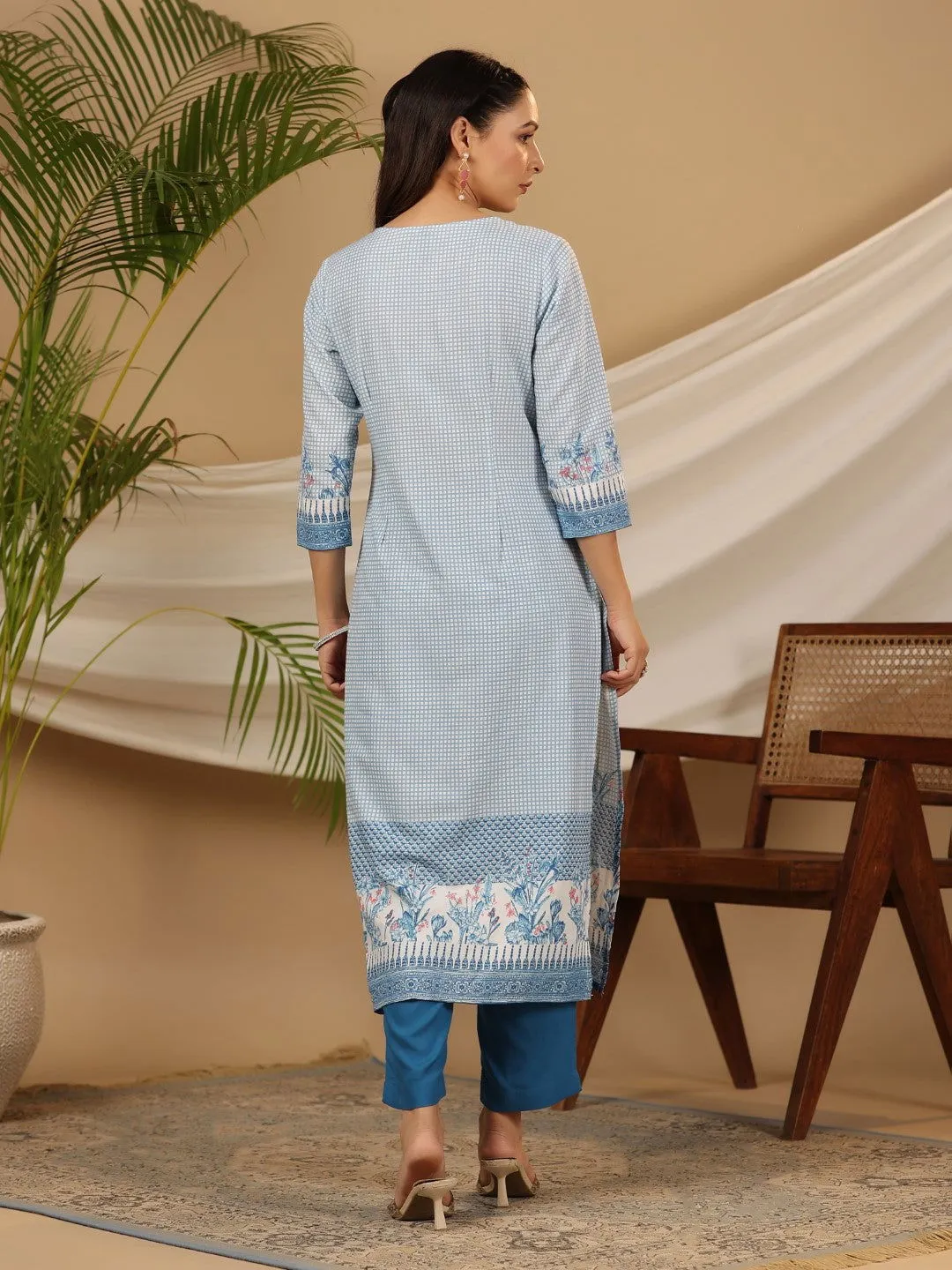Juniper Blue Floral Printed Rayon Kurta Pant & Dupatta Set With Beads & Sequins