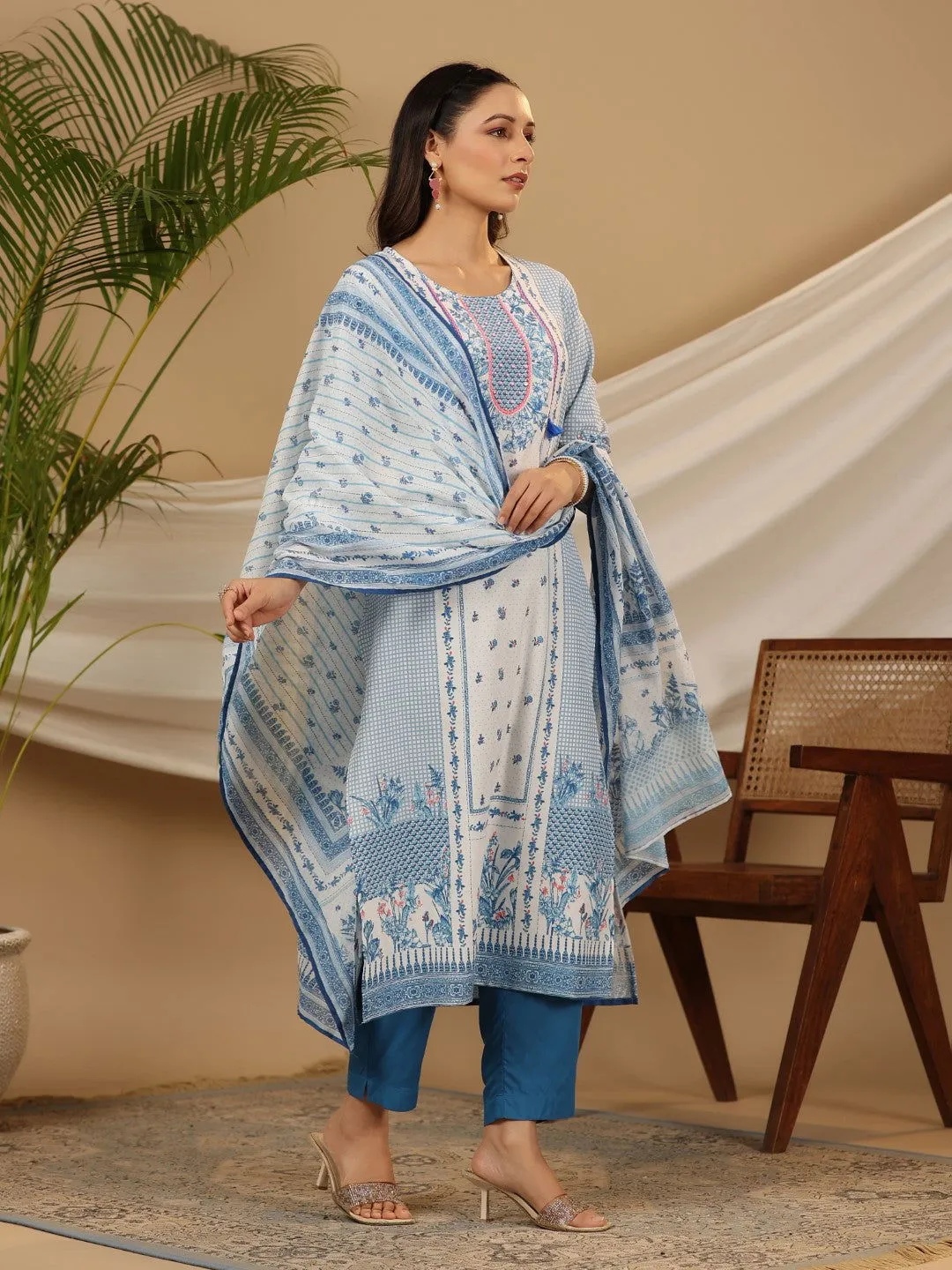 Juniper Blue Floral Printed Rayon Kurta Pant & Dupatta Set With Beads & Sequins