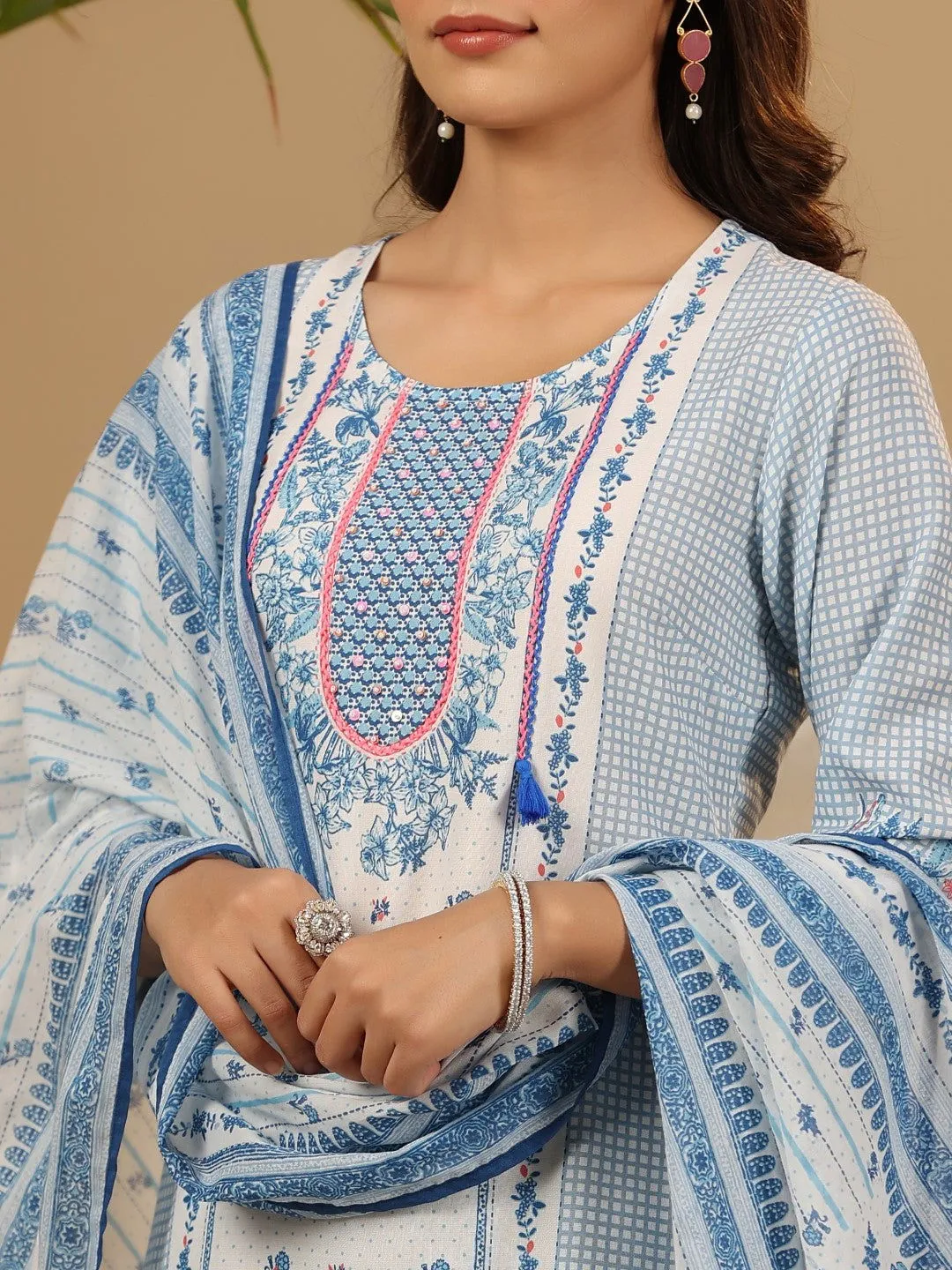 Juniper Blue Floral Printed Rayon Kurta Pant & Dupatta Set With Beads & Sequins