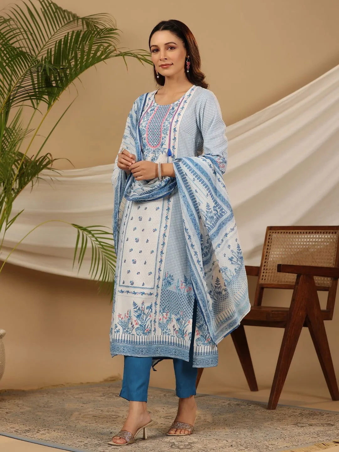 Juniper Blue Floral Printed Rayon Kurta Pant & Dupatta Set With Beads & Sequins