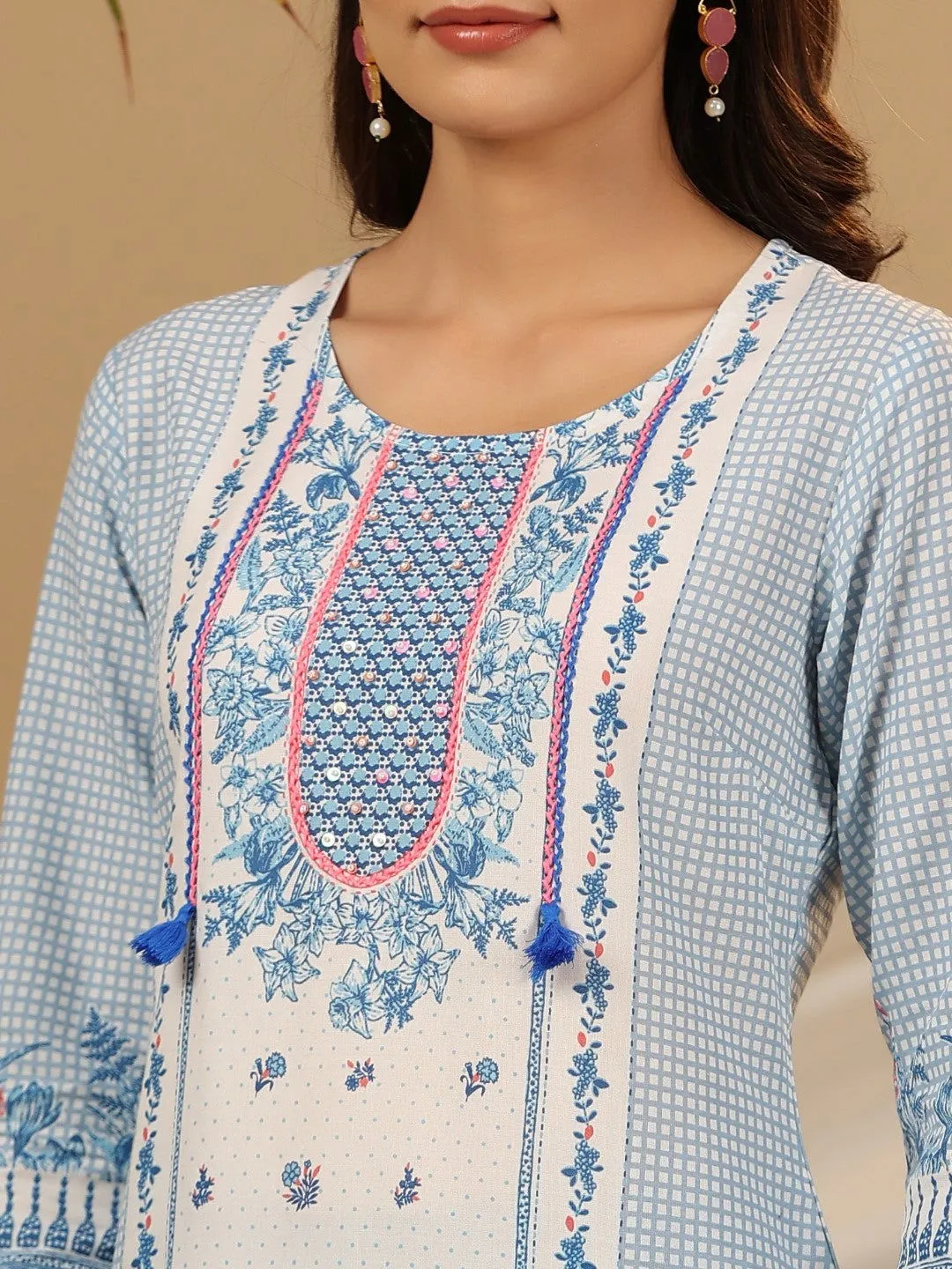 Juniper Blue Floral Printed Rayon Kurta Pant & Dupatta Set With Beads & Sequins