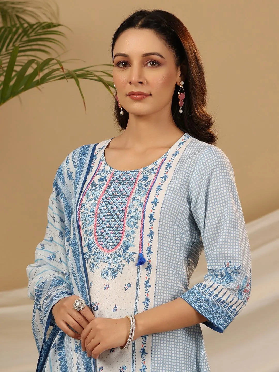 Juniper Blue Floral Printed Rayon Kurta Pant & Dupatta Set With Beads & Sequins