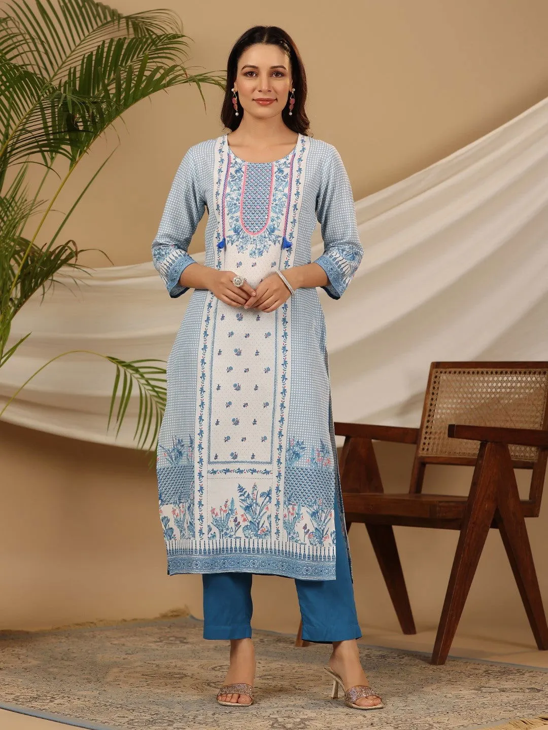 Juniper Blue Floral Printed Rayon Kurta Pant & Dupatta Set With Beads & Sequins