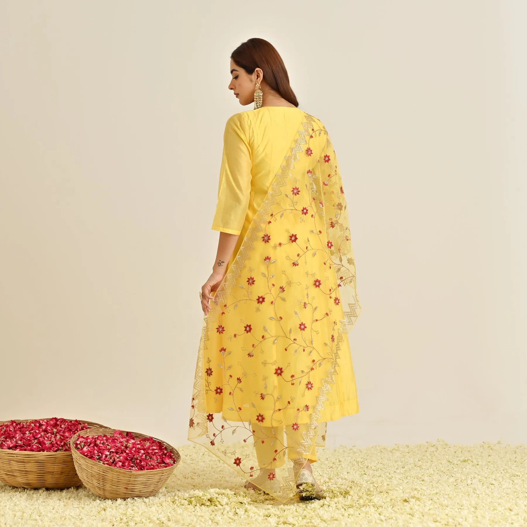 Mango Yellow Festive Anarkali Set with Embroidered Dupatta & Yoke Detail