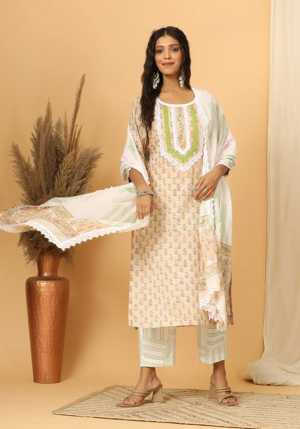 Meher - Hand Block Print Cotton Suit Set With Pure Mulmul Cotton Dupatta