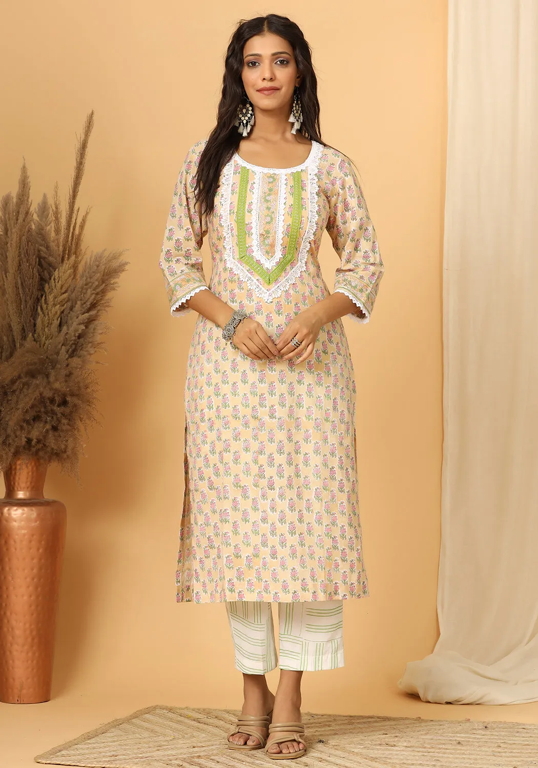 Meher - Hand Block Print Cotton Suit Set With Pure Mulmul Cotton Dupatta