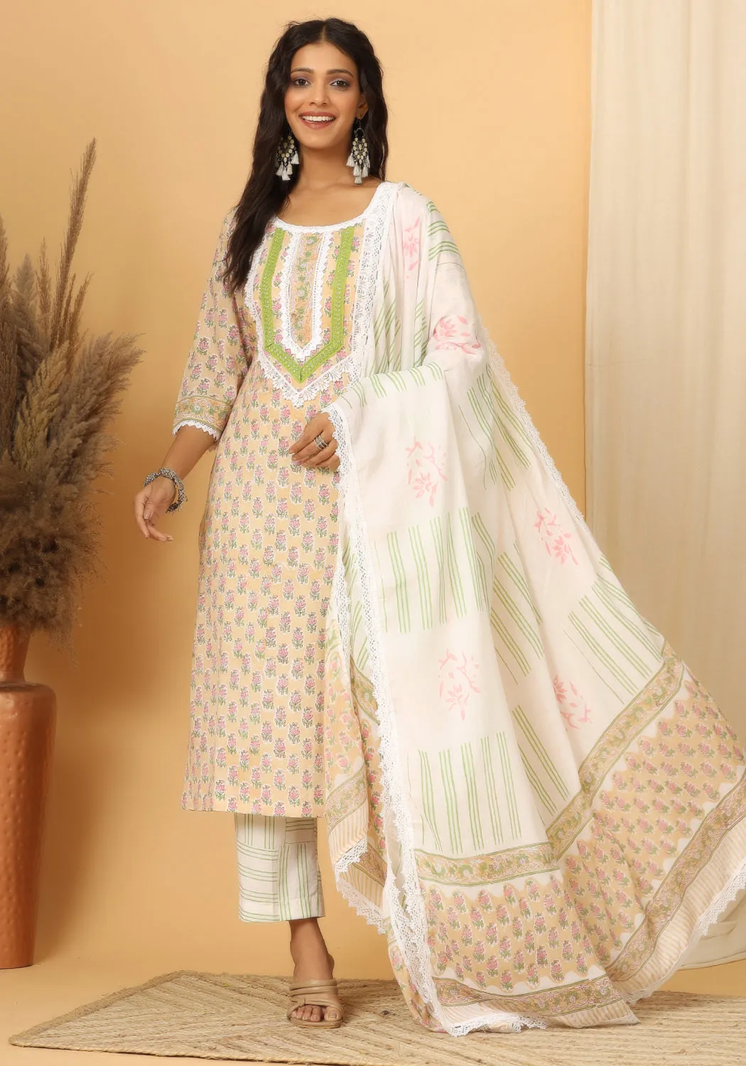 Meher - Hand Block Print Cotton Suit Set With Pure Mulmul Cotton Dupatta