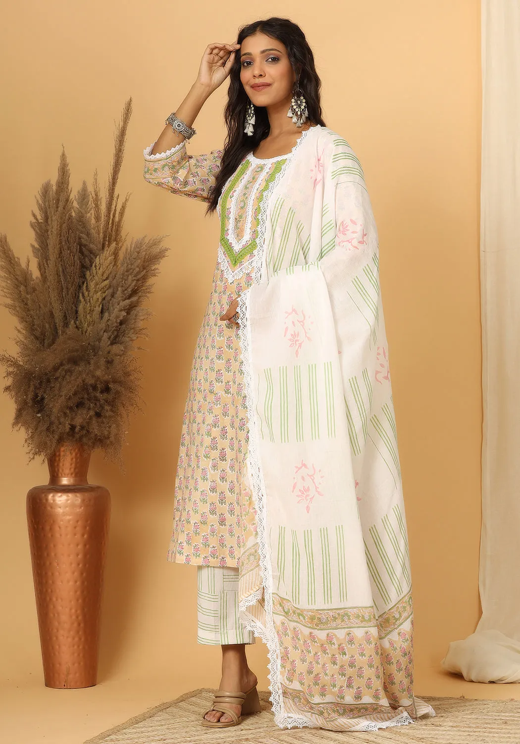 Meher - Hand Block Print Cotton Suit Set With Pure Mulmul Cotton Dupatta
