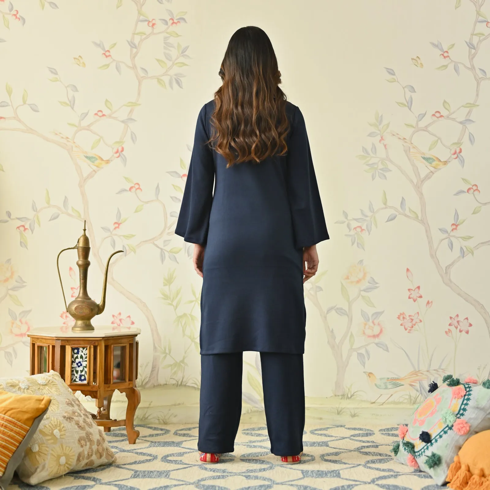 Navy Blue Woollen Aari Embroidered Floral Kurta with Flared Sleeves