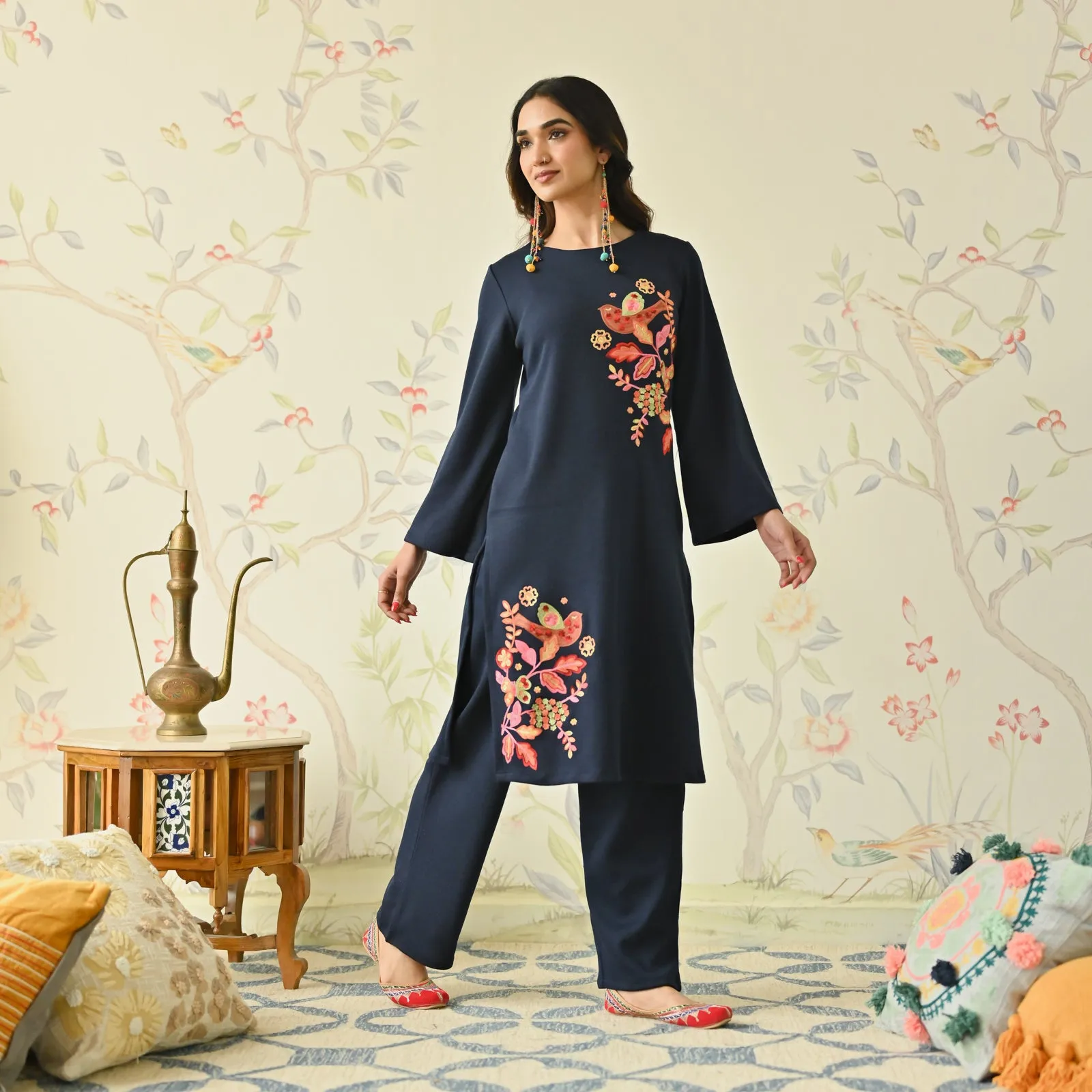 Navy Blue Woollen Aari Embroidered Floral Kurta with Flared Sleeves