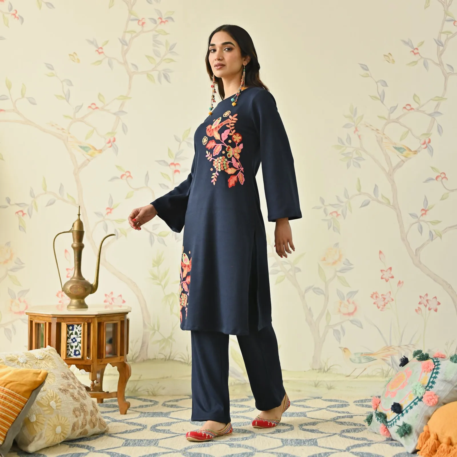 Navy Blue Woollen Aari Embroidered Floral Kurta with Flared Sleeves