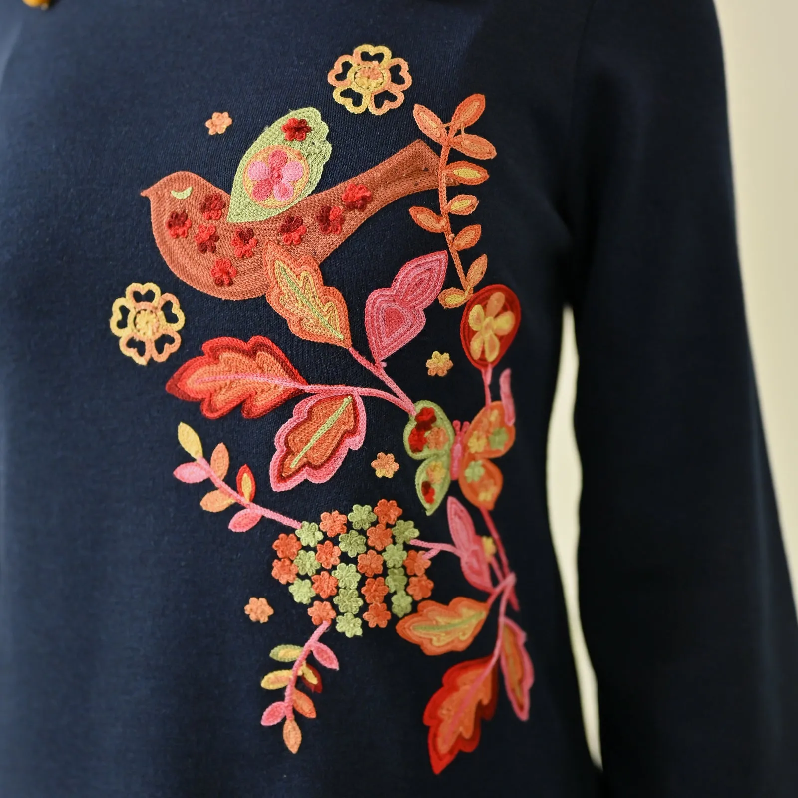 Navy Blue Woollen Aari Embroidered Floral Kurta with Flared Sleeves