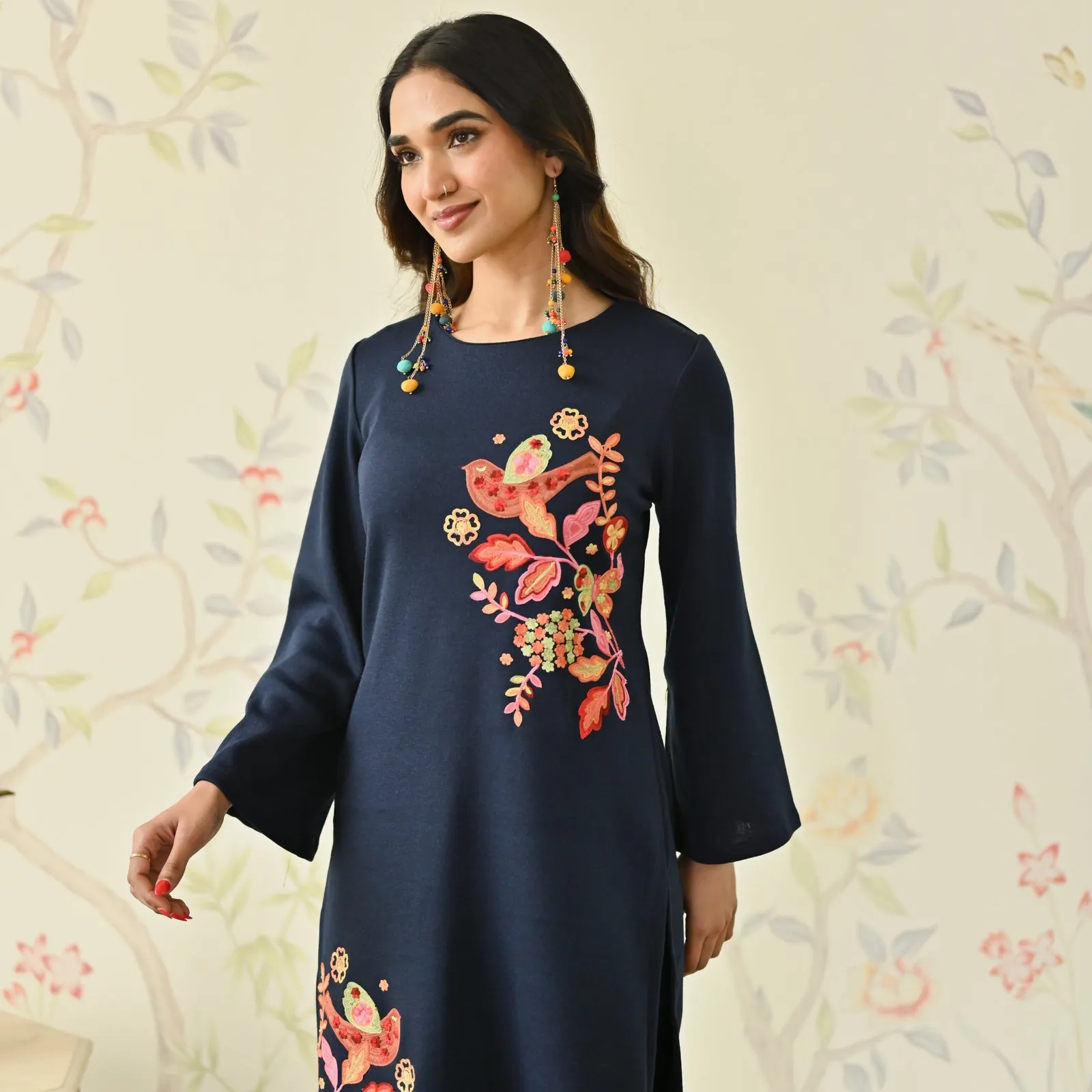 Navy Blue Woollen Aari Embroidered Floral Kurta with Flared Sleeves