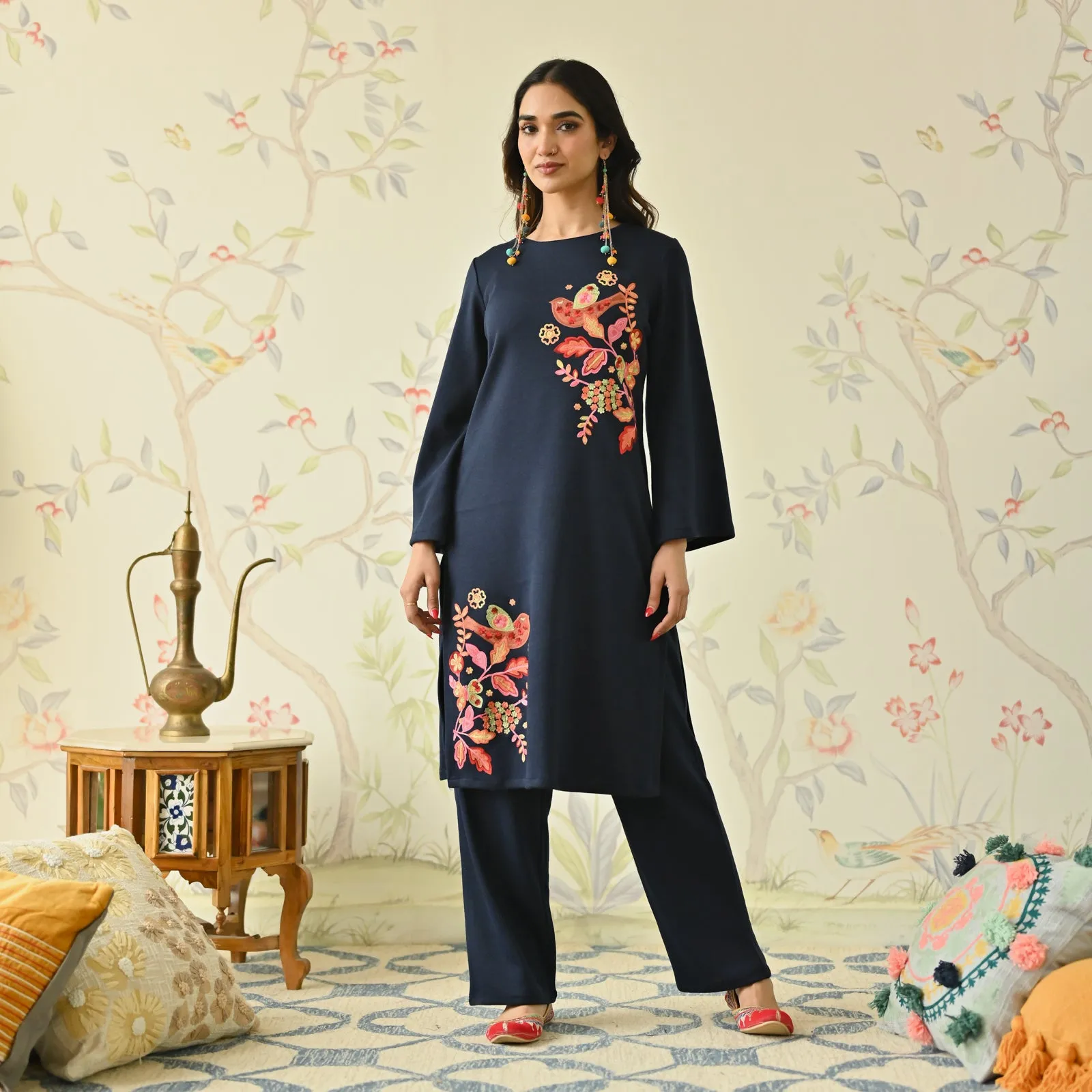 Navy Blue Woollen Aari Embroidered Floral Kurta with Flared Sleeves