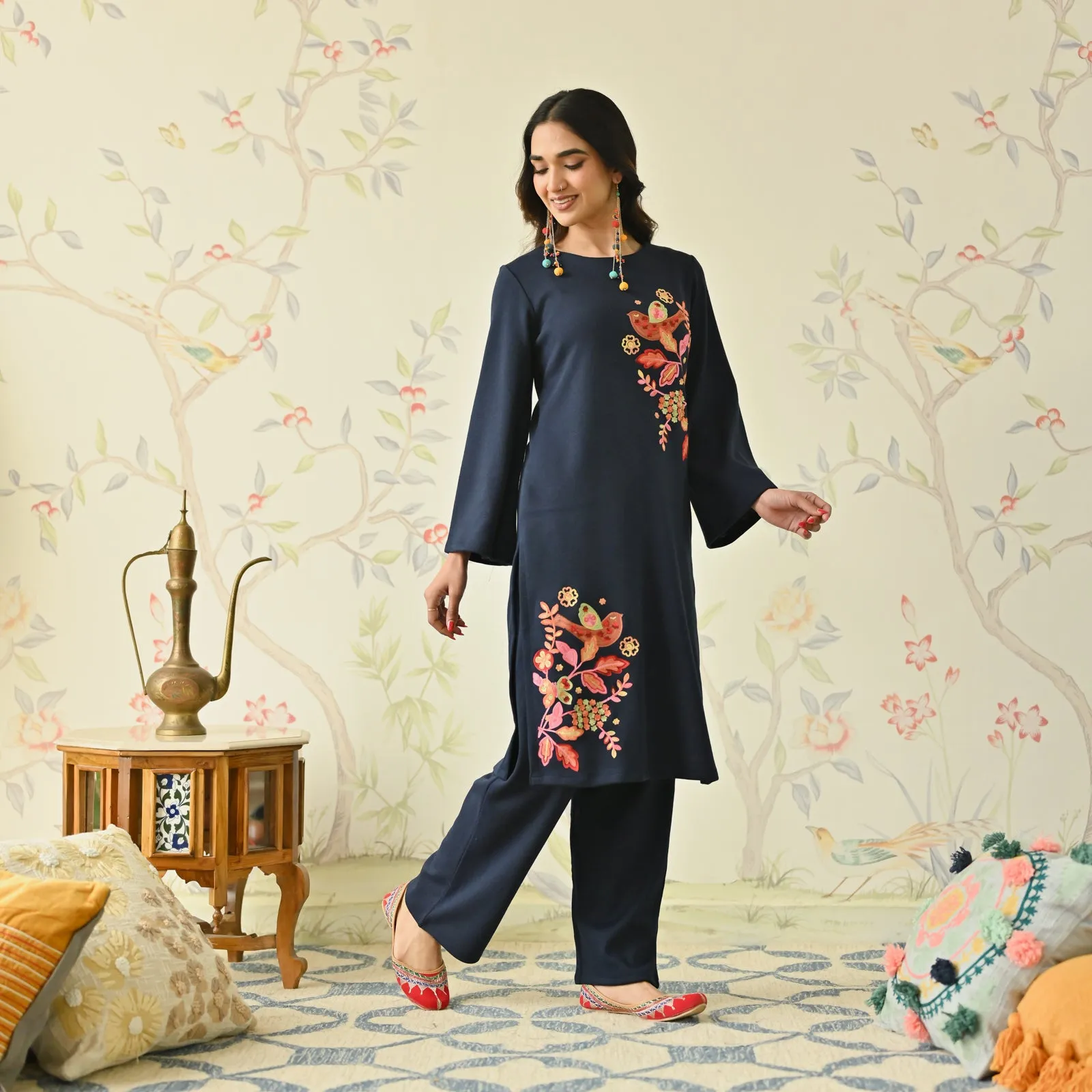 Navy Blue Woollen Aari Embroidered Floral Kurta with Flared Sleeves