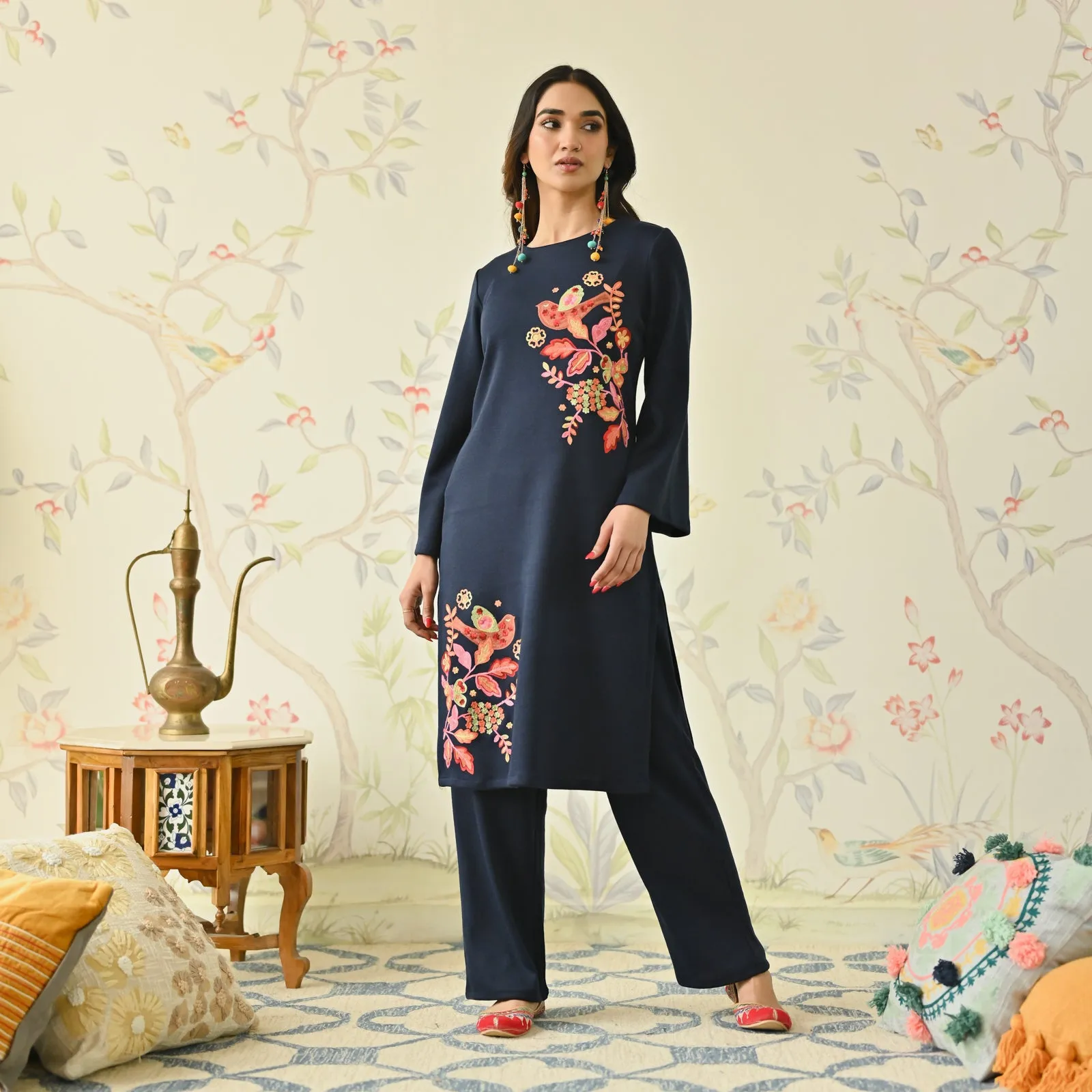 Navy Blue Woollen Aari Embroidered Floral Kurta with Flared Sleeves