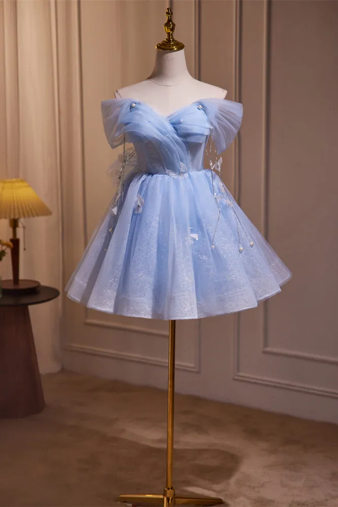 Off the Shoulder Blue A-line Short Princess Dress