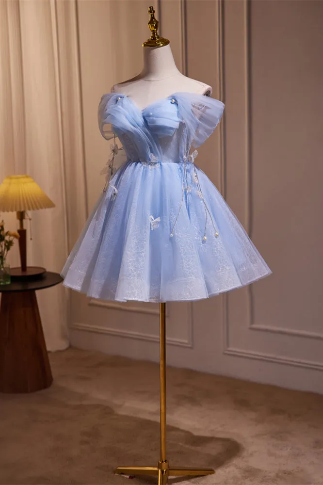 Off the Shoulder Blue A-line Short Princess Dress