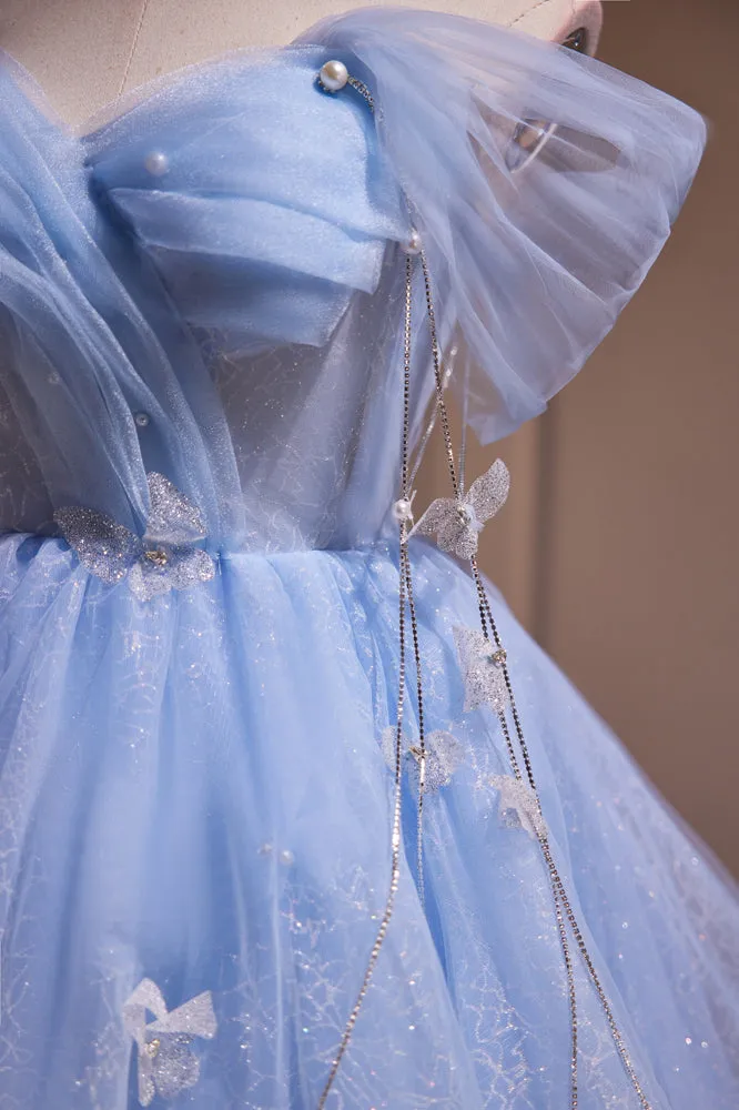 Off the Shoulder Blue A-line Short Princess Dress
