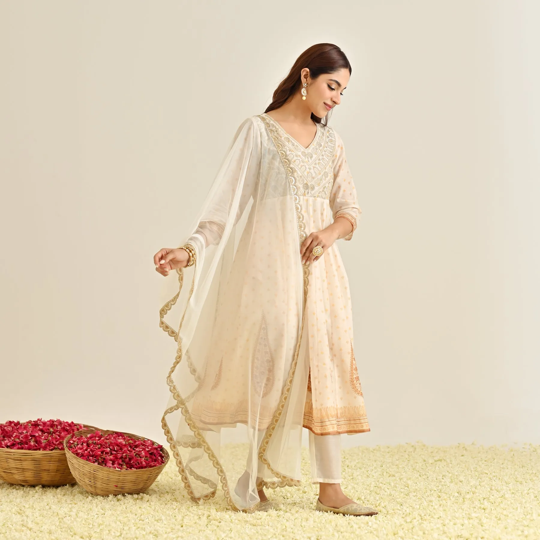 Off White Mustard Traditional Anarkali Set with Yoke Embroidery & Dupatta