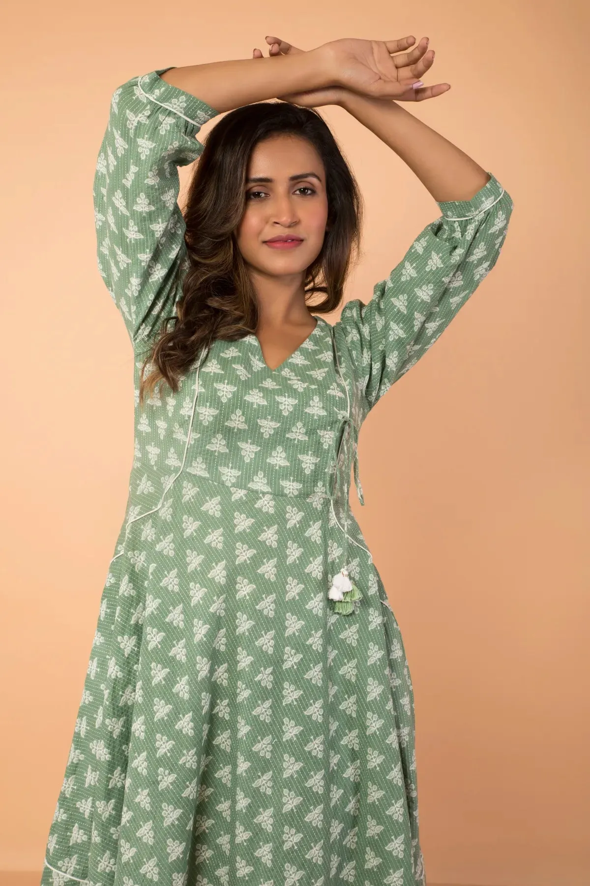Umbrella Flared Sage Colour Dress