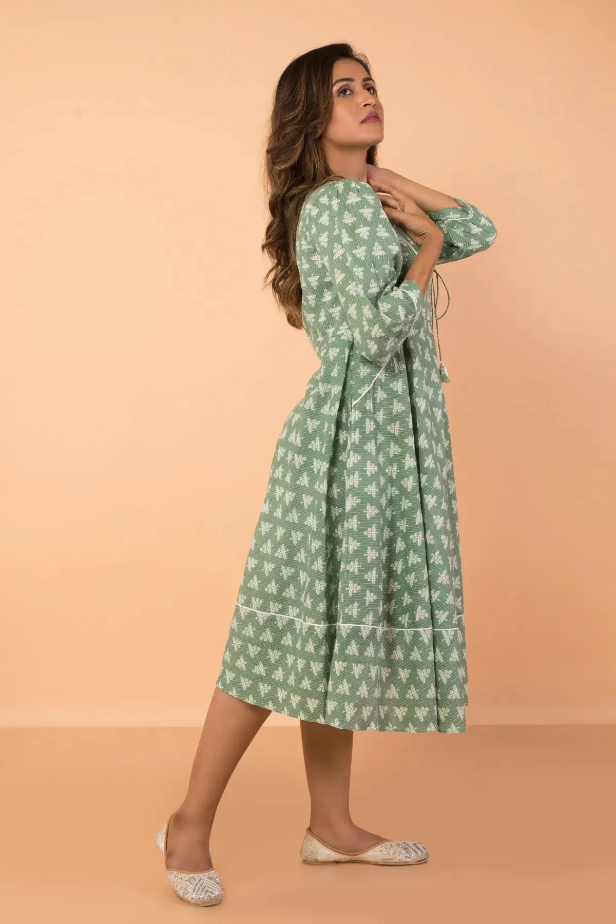 Umbrella Flared Sage Colour Dress