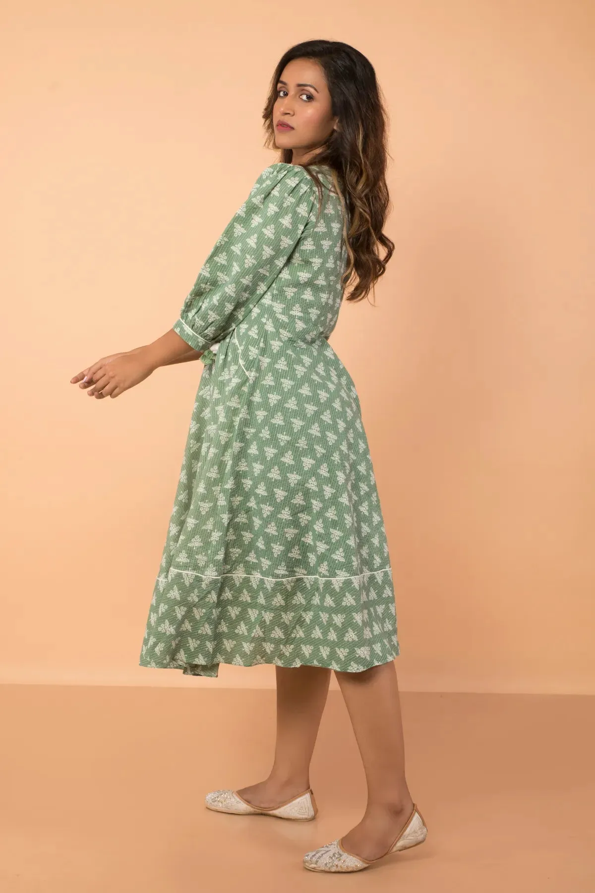 Umbrella Flared Sage Colour Dress