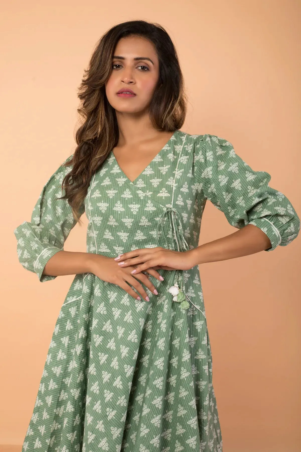 Umbrella Flared Sage Colour Dress