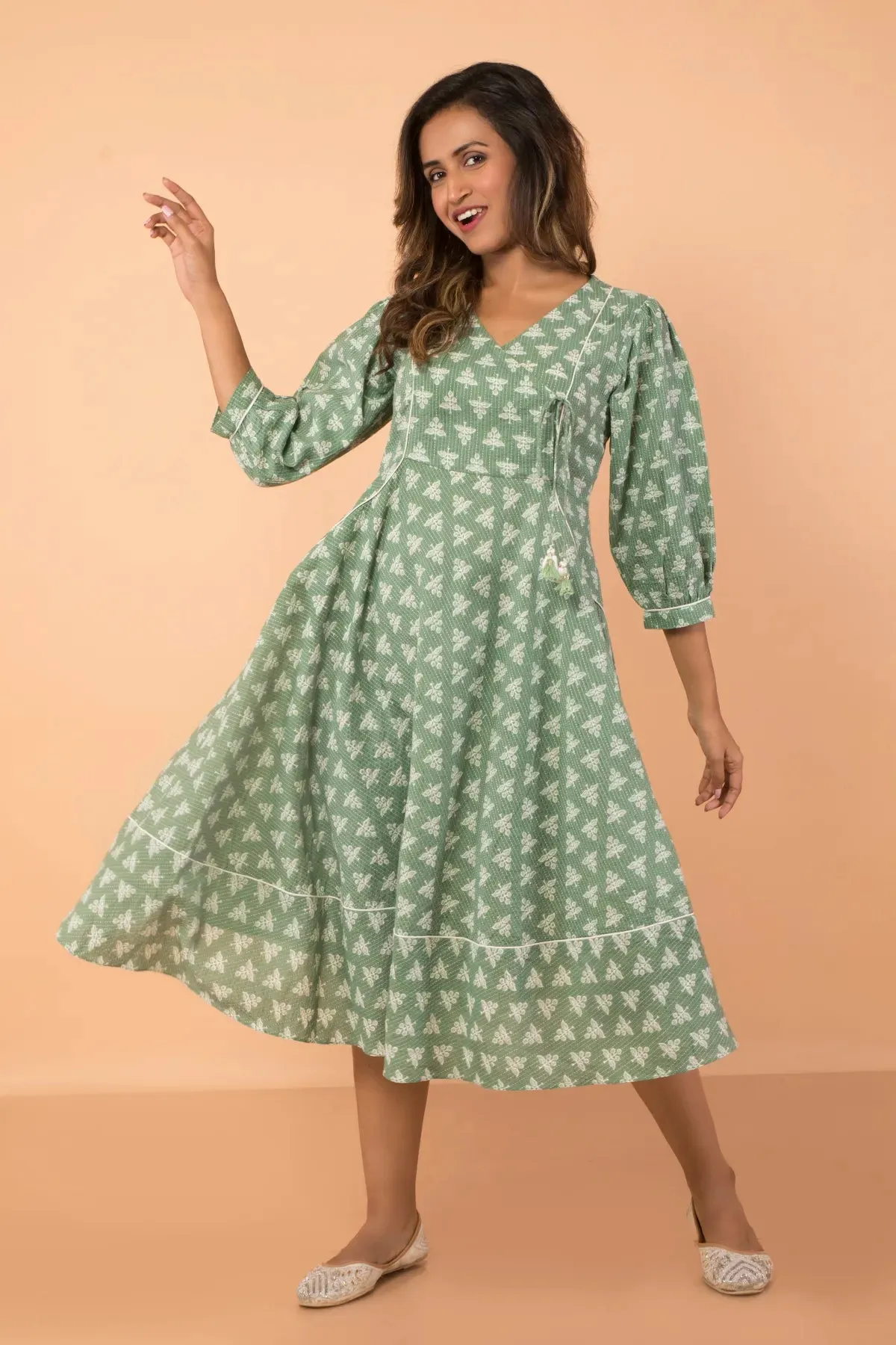 Umbrella Flared Sage Colour Dress